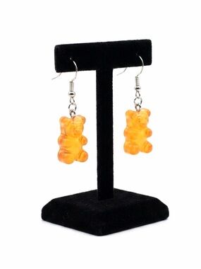 New Handmade Transparent Orange Sterling Silver Resin Gummy Bear Earrings
